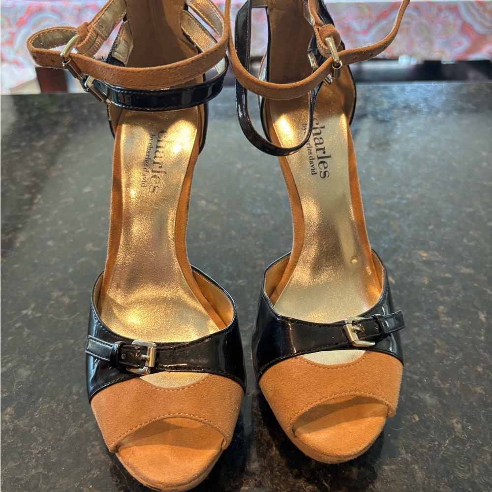 Charles by Charles David Black and Tan Sky High Spike Heeled Sandals